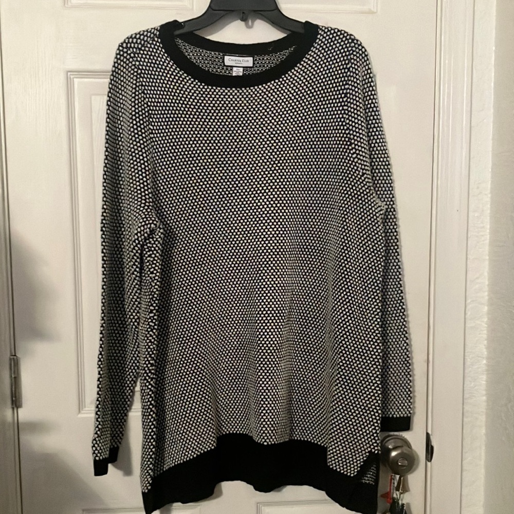 Black White Silver Metallic Cable Knit Crewneck Tunic Pullover Knit Sweater